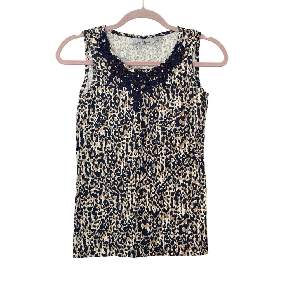 Jason Maxwell Women's S Embroidered Beaded Blue Tan Sleeveless Tank | SKU 1071